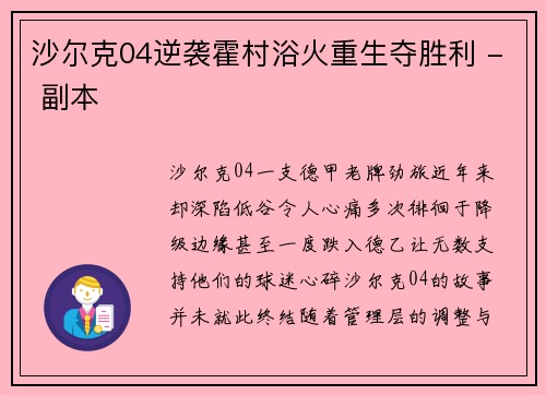 沙尔克04逆袭霍村浴火重生夺胜利 - 副本