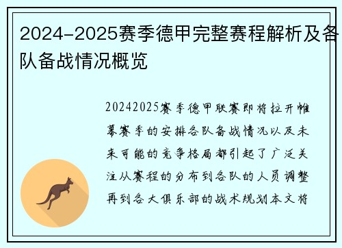 2024-2025赛季德甲完整赛程解析及各队备战情况概览